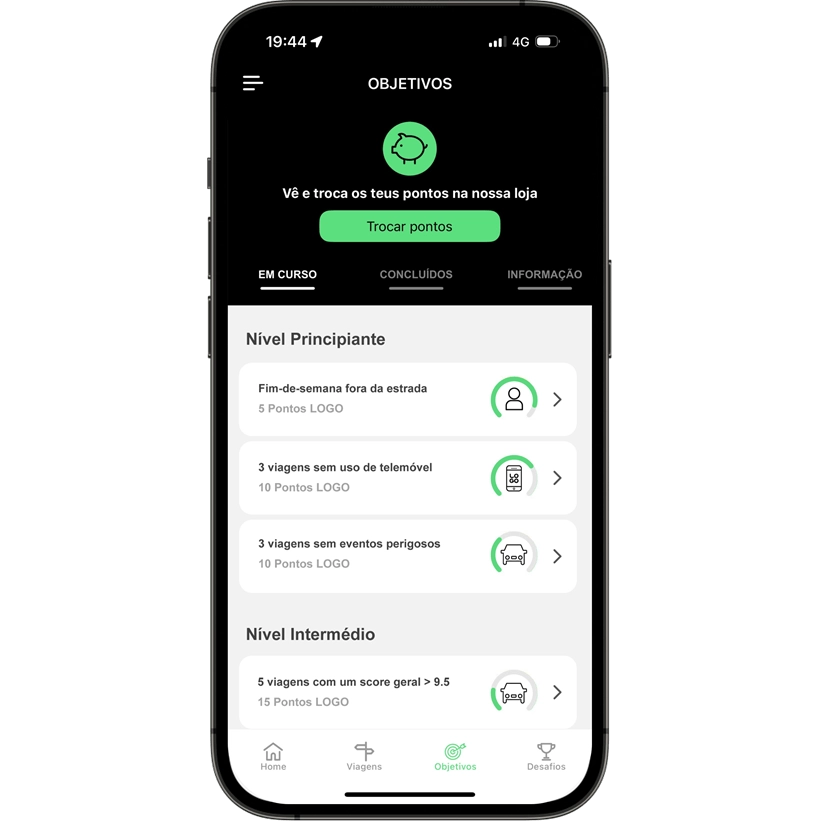 Ecrã app Ganha LOGO Objetivos mensais